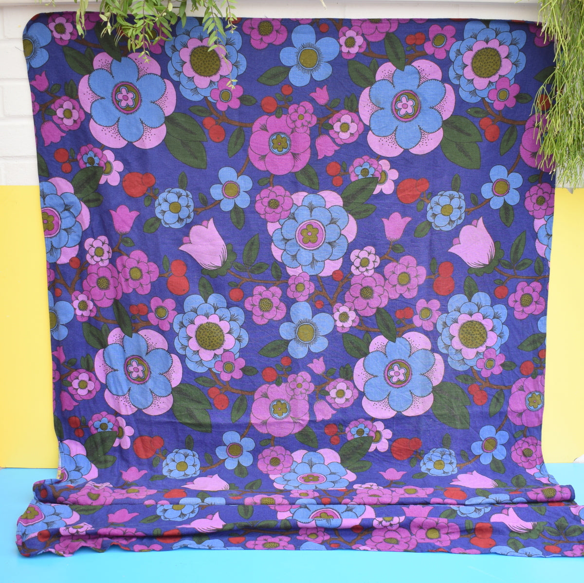 Vintage 1960's outlet Purple & Blue Geometric Diamond Printed Retro Fabric, 56 x 71 inches