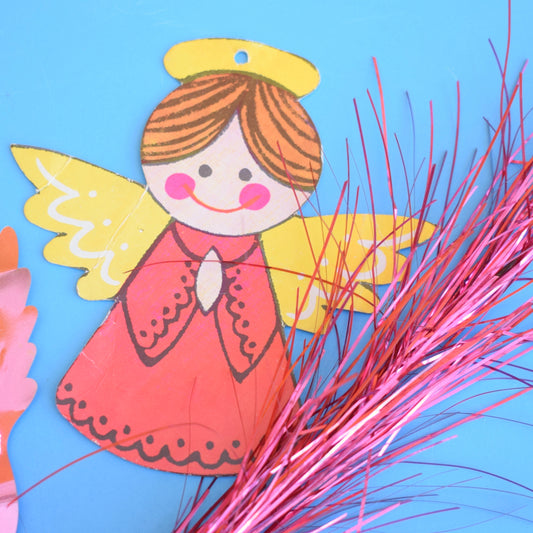 Vintage 1970s Kitsch Angel Decorations - Foil /Paper & Tinsel Sticks - Pink