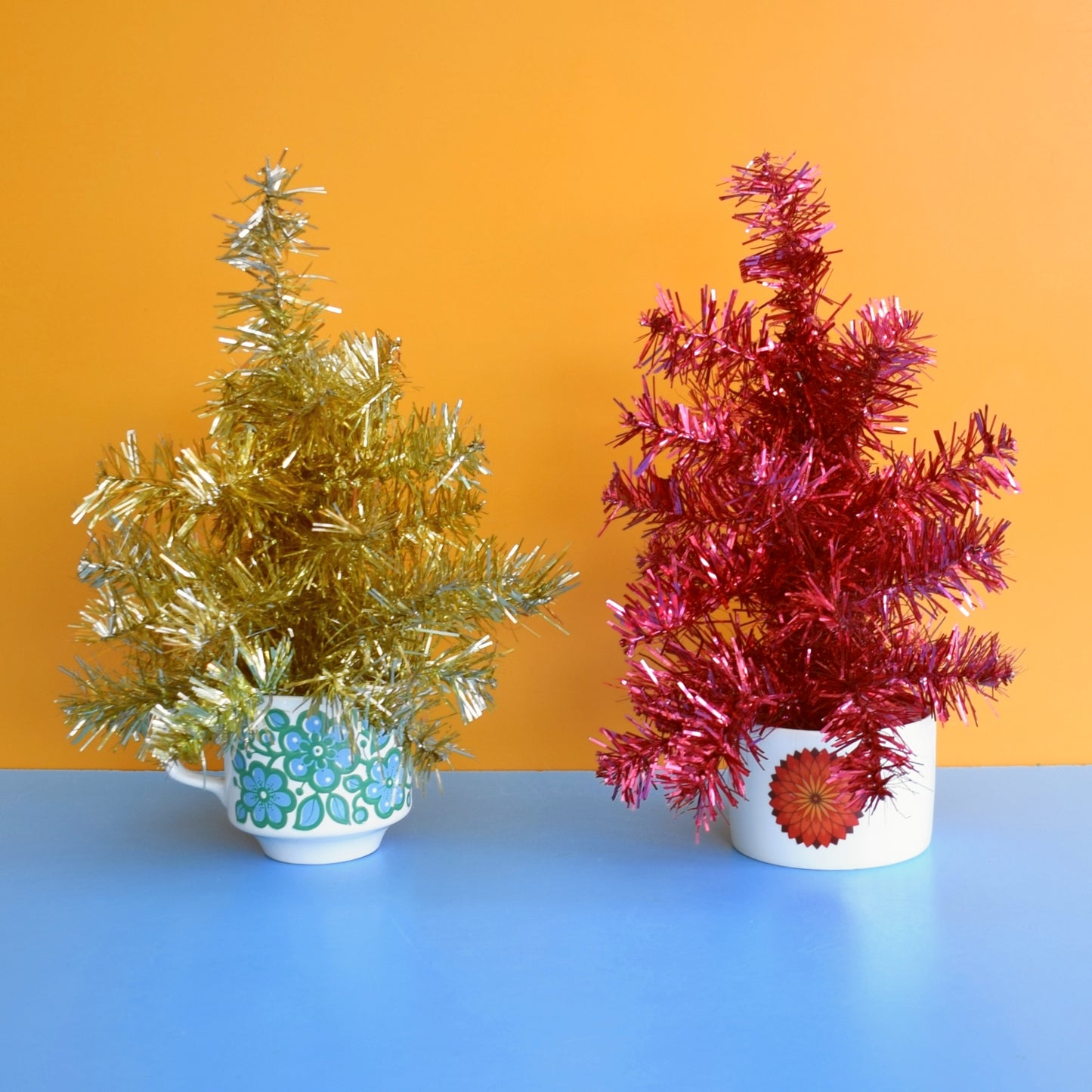 Vintage 1970s Small Tinsel Christmas Tree In Vintage Mug - Gold