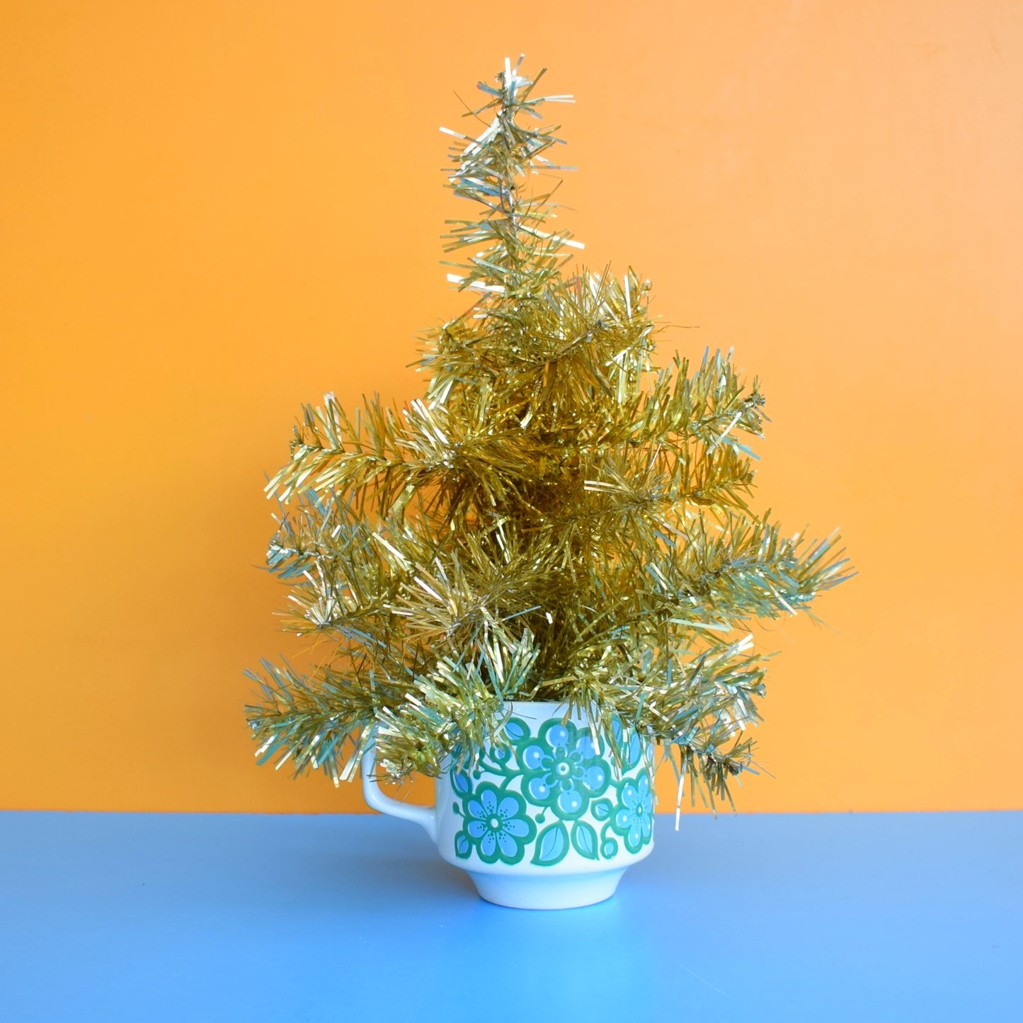 Vintage 1970s Small Tinsel Christmas Tree In Vintage Mug - Gold