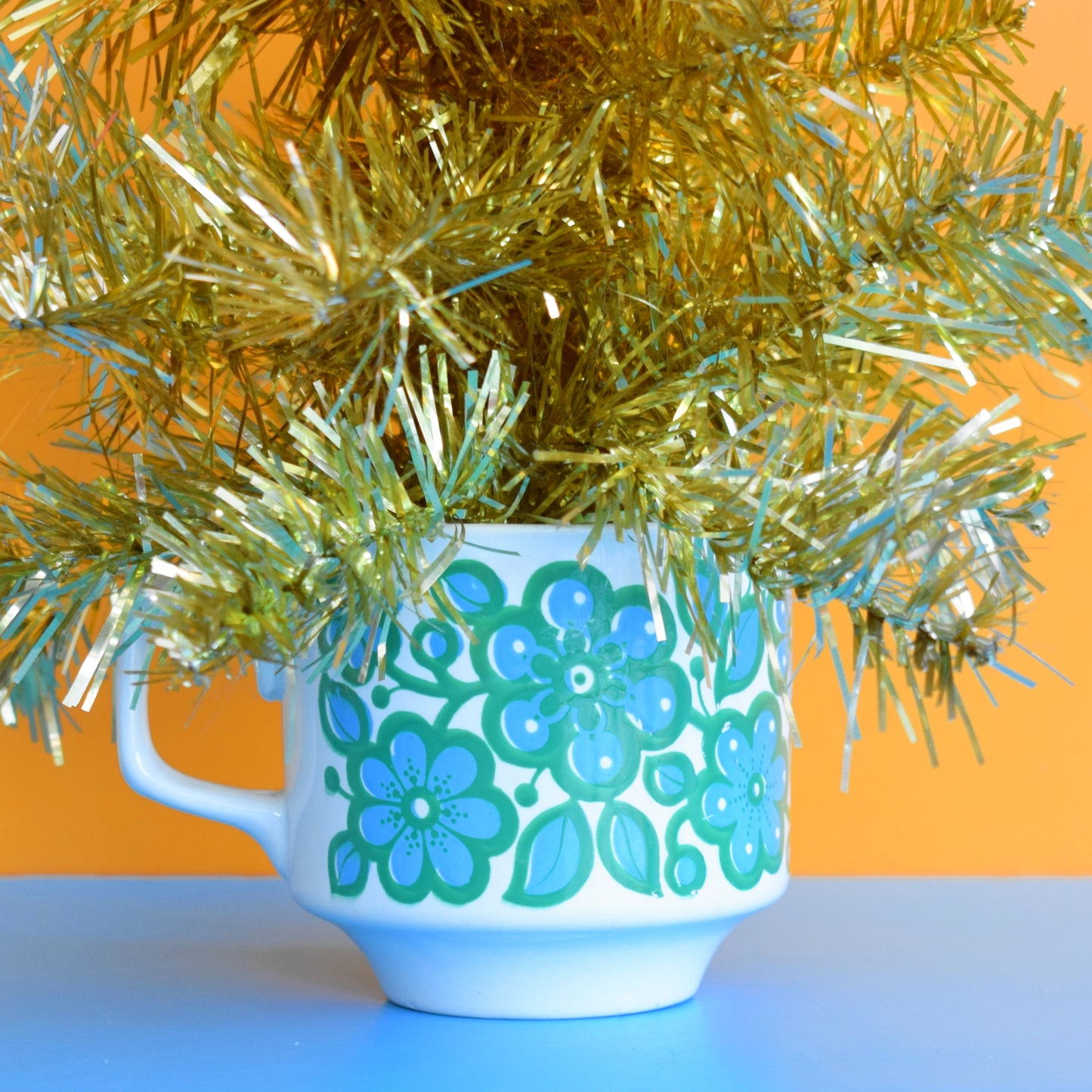 Vintage 1970s Small Tinsel Christmas Tree In Vintage Mug - Gold