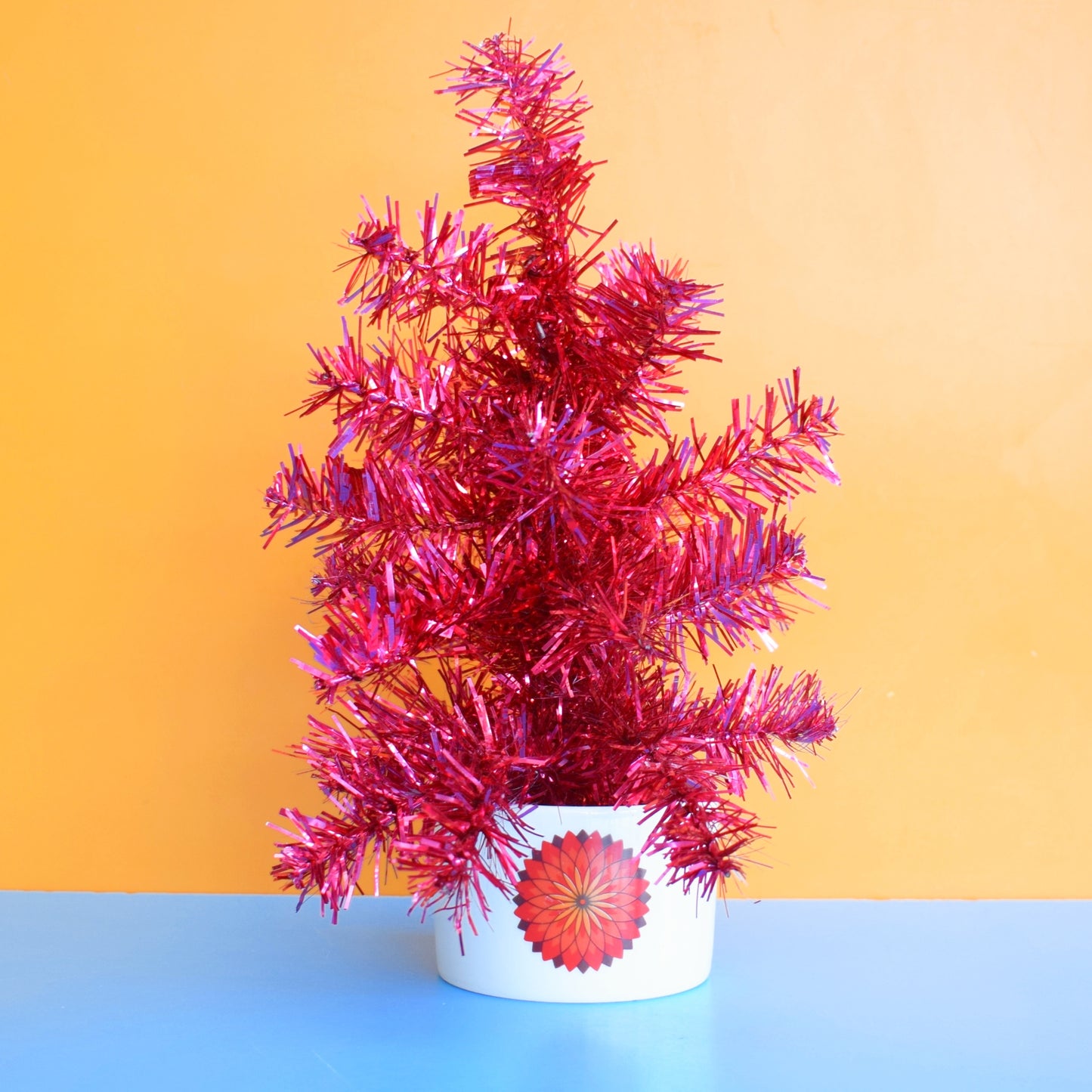 Vintage 1970s Small Tinsel Christmas Tree In Vintage Pot - Pink