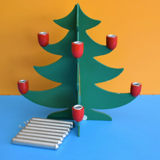 Vintage 1990s Wooden Christmas Tree Candle Holder & Candles