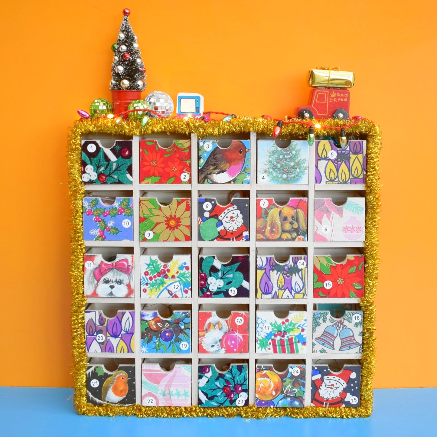 Unique Wooden Multi Drawer Advent Calendar - Vintage Papers - Patchwork