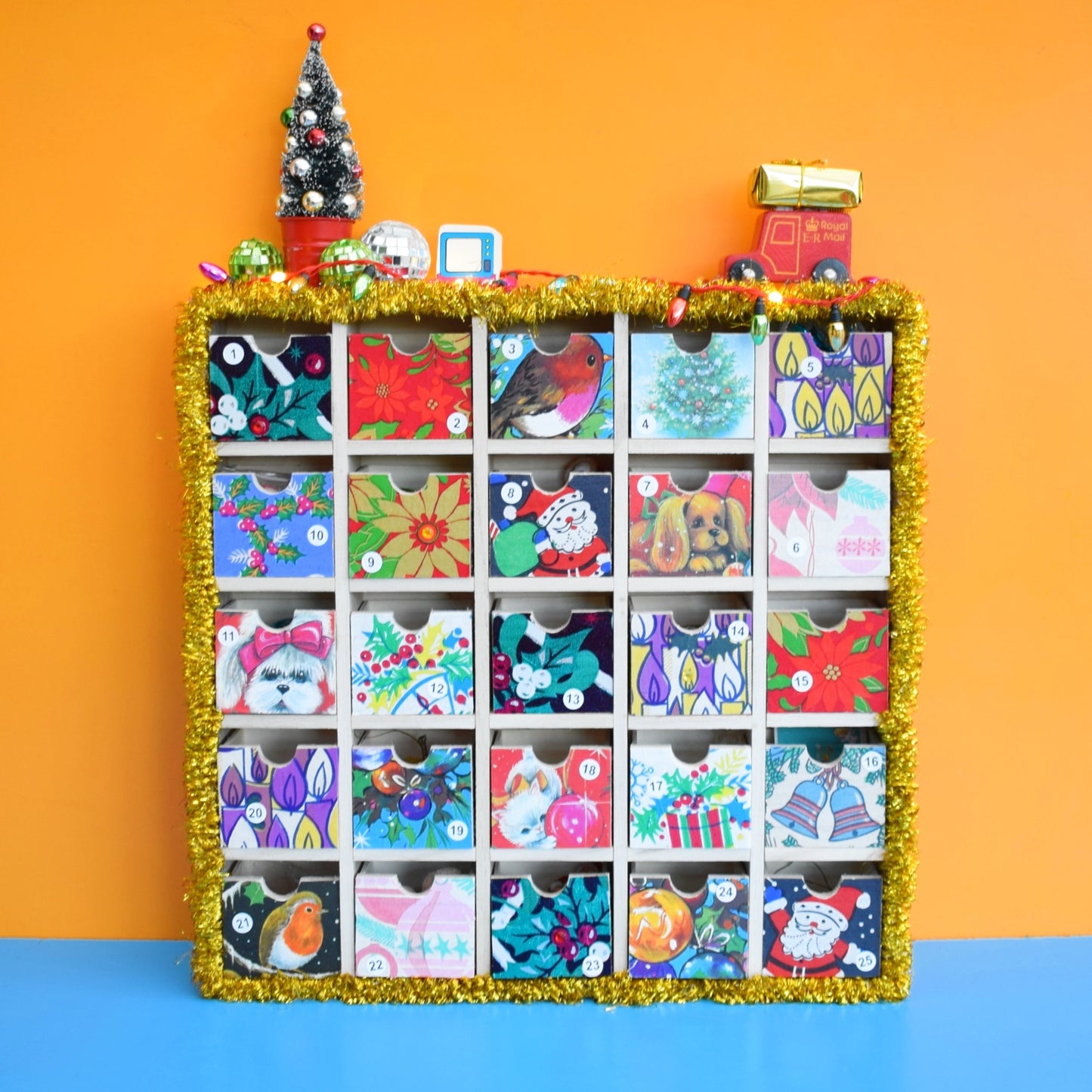 Unique Wooden Multi Drawer Advent Calendar - Vintage Papers - Patchwork