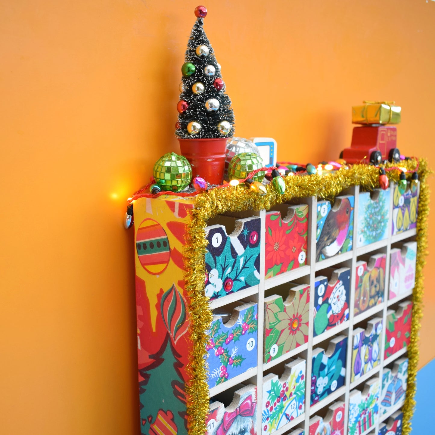 Unique Wooden Multi Drawer Advent Calendar - Vintage Papers - Patchwork