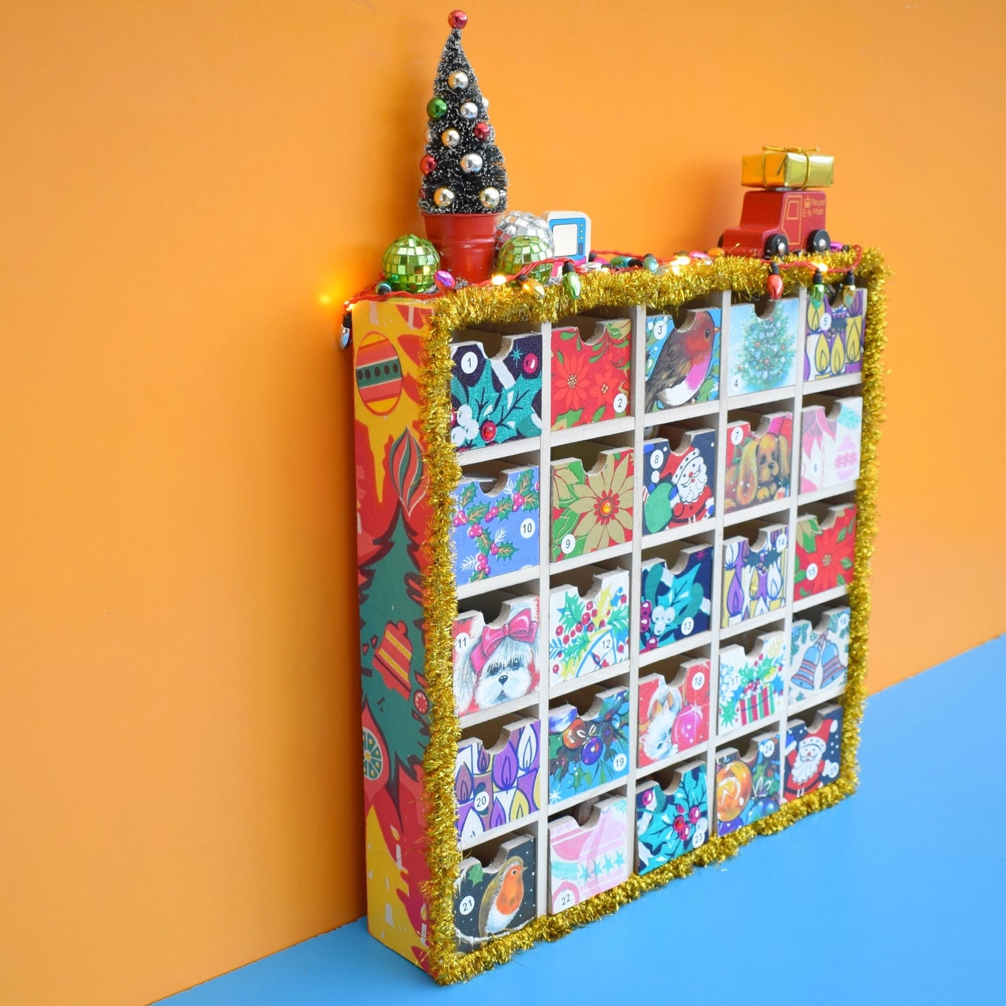 Unique Wooden Multi Drawer Advent Calendar - Vintage Papers - Patchwork