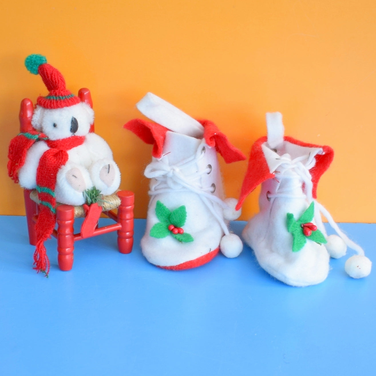 Vintage 1980s Kitsch Christmas Ornaments- Booties / Bear On Chair