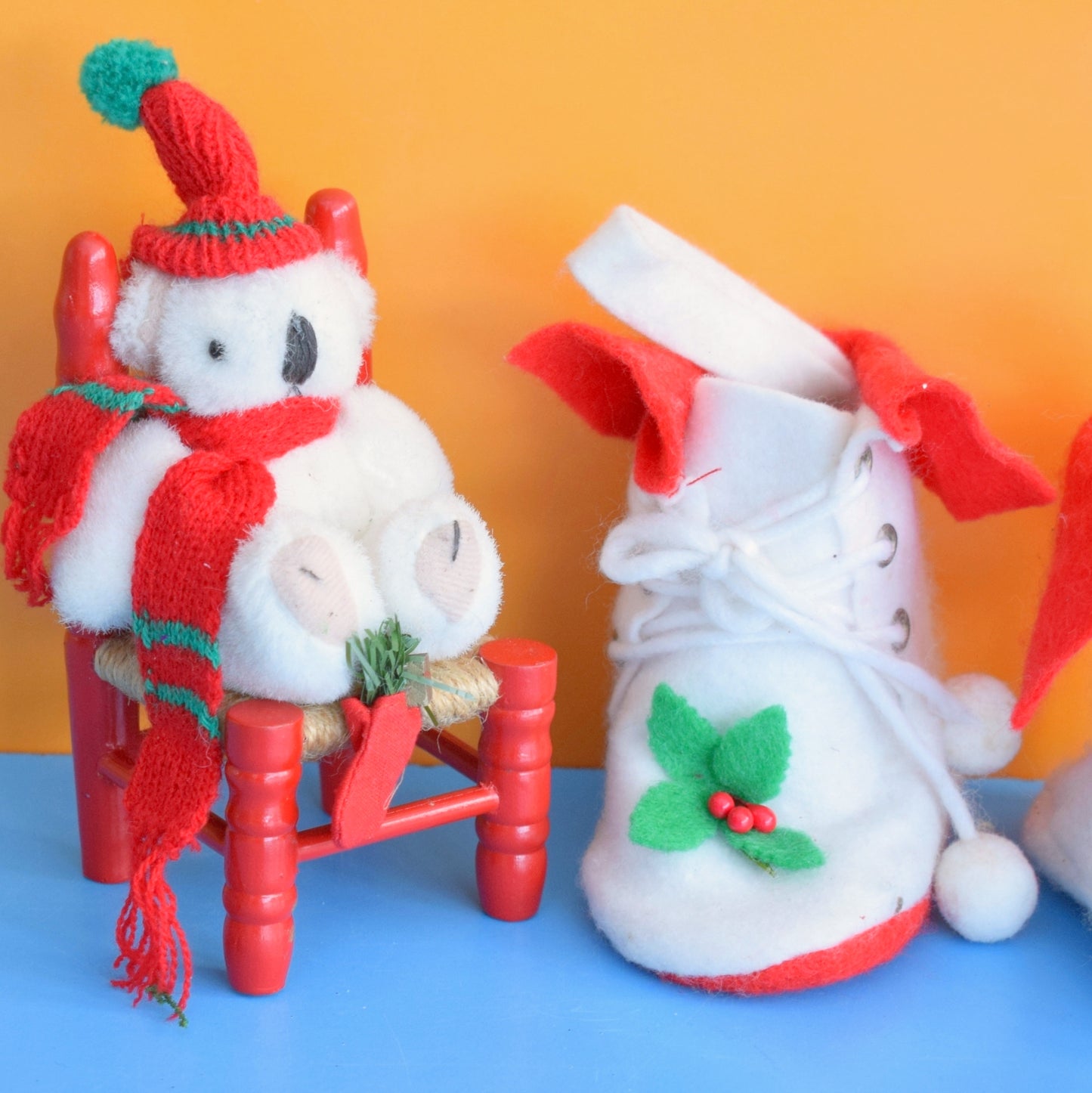 Vintage 1980s Kitsch Christmas Ornaments- Booties / Bear On Chair