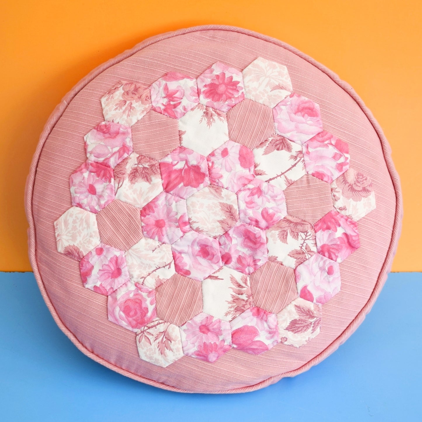 Vintage 1970s Fabric Patchwork Cushion- Round Pink