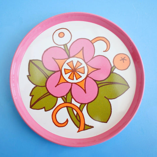 Vintage 1970s Metal Coasters x6 - Pink Flower