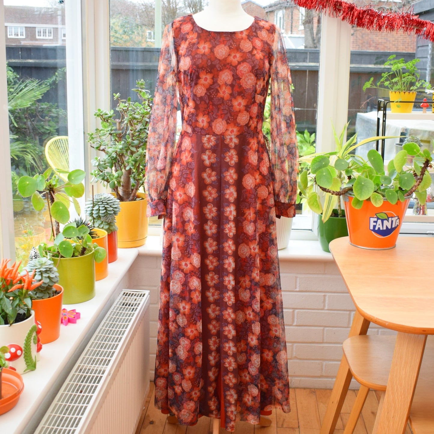 Vintage 1970s Maxi Floaty Dress - Brown/ Orange - Sz 12