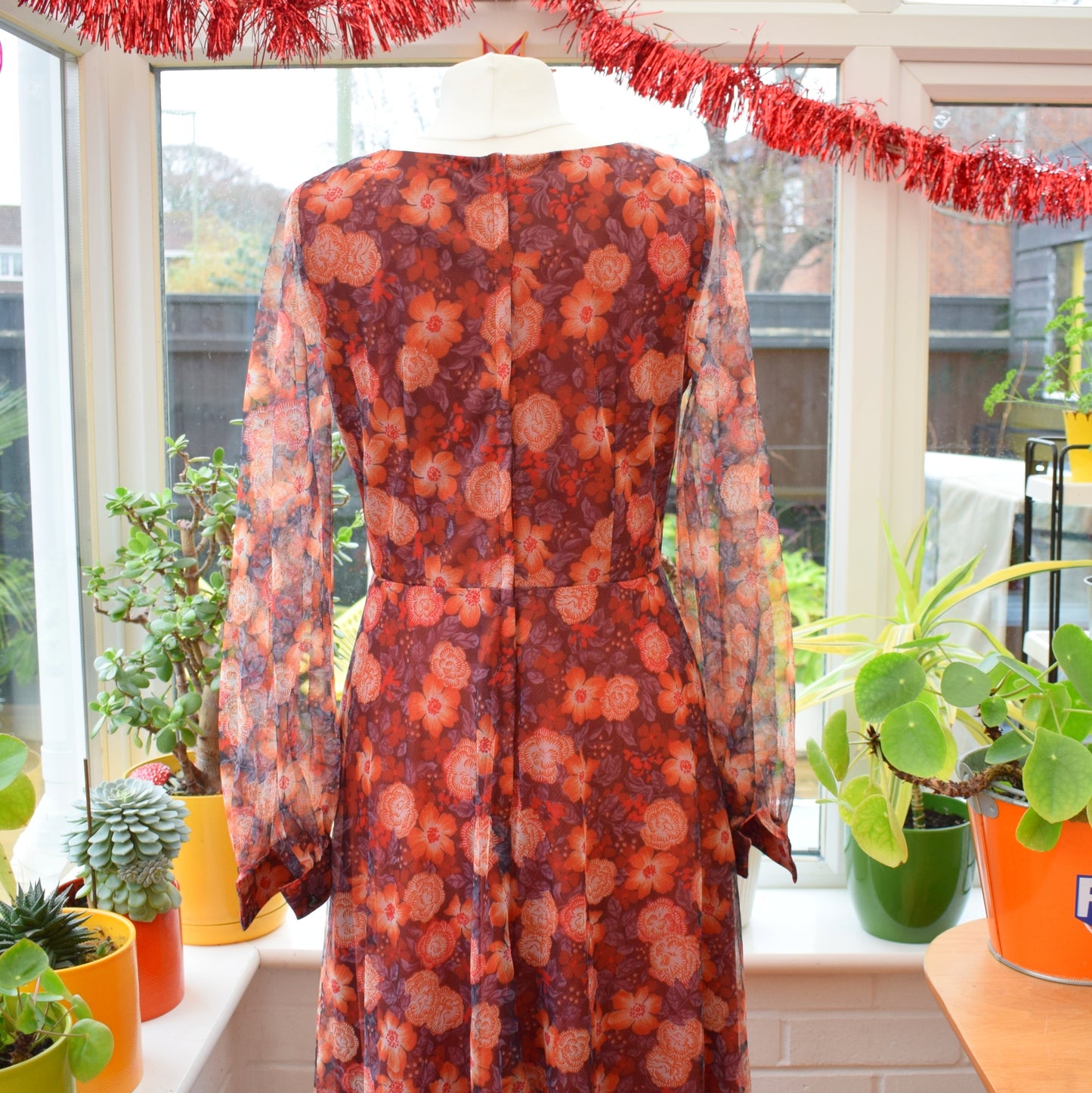 Vintage 1970s Maxi Floaty Dress - Brown/ Orange - Sz 12