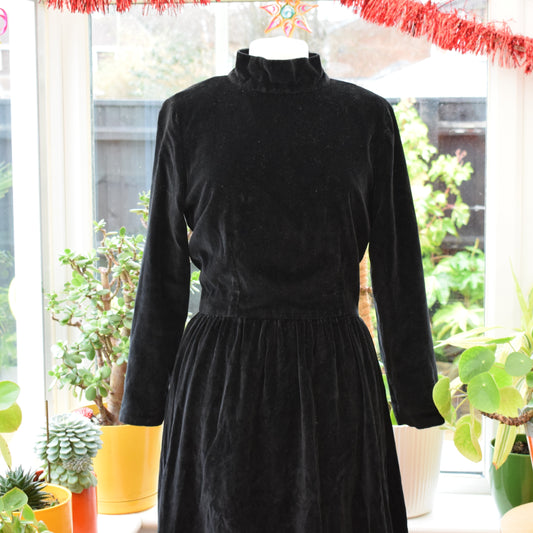 Vintage 1980s Velvet Low Back Dress - Black - Sz 12- 14