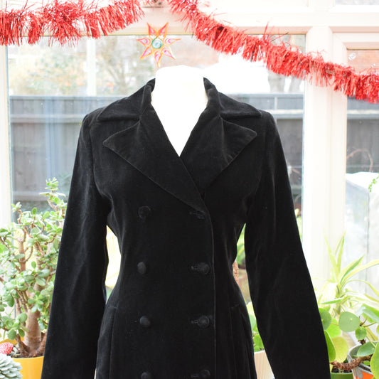 Vintage 1990s Velvet Long Coat - Black - Sz 8-14