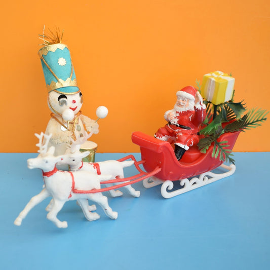 Vintage 1970s Plastic Santa / Father Christmas In Sleigh / Drummer Snowman