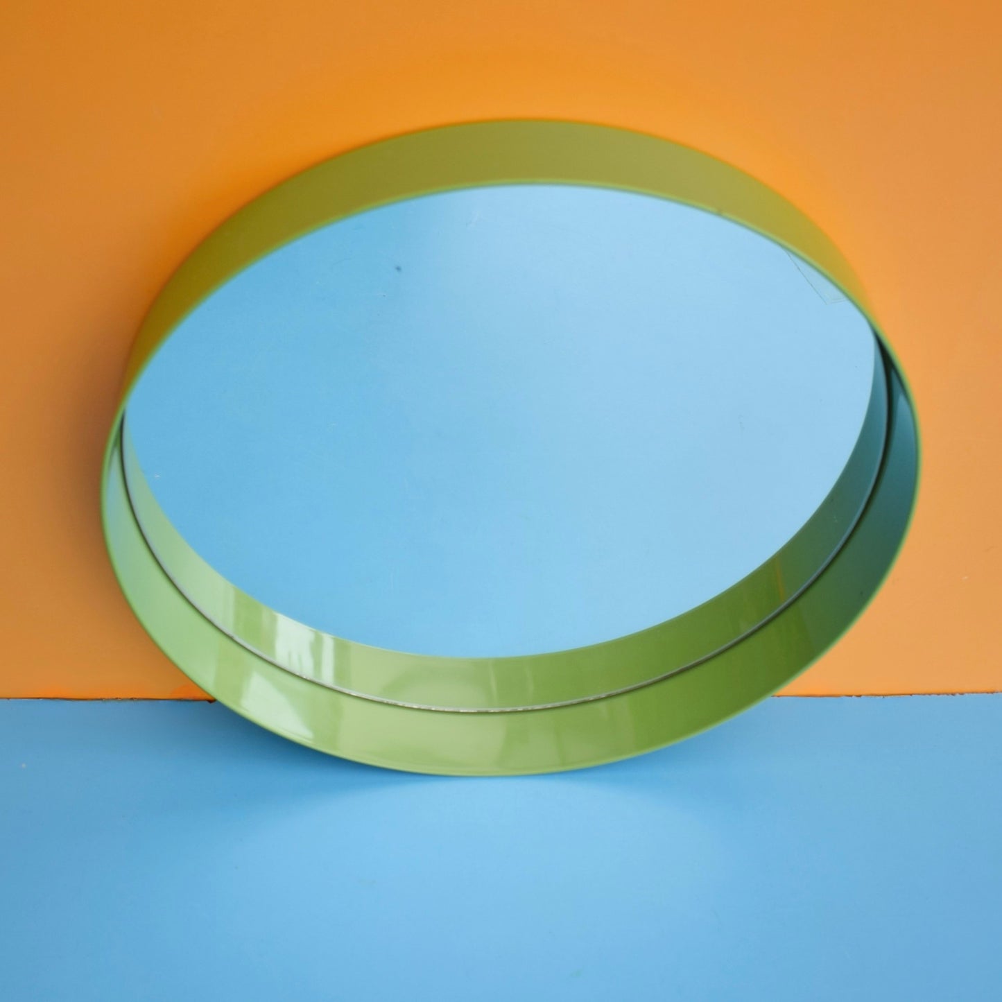 Vintage 1970s Round Plastic Mirror - Green