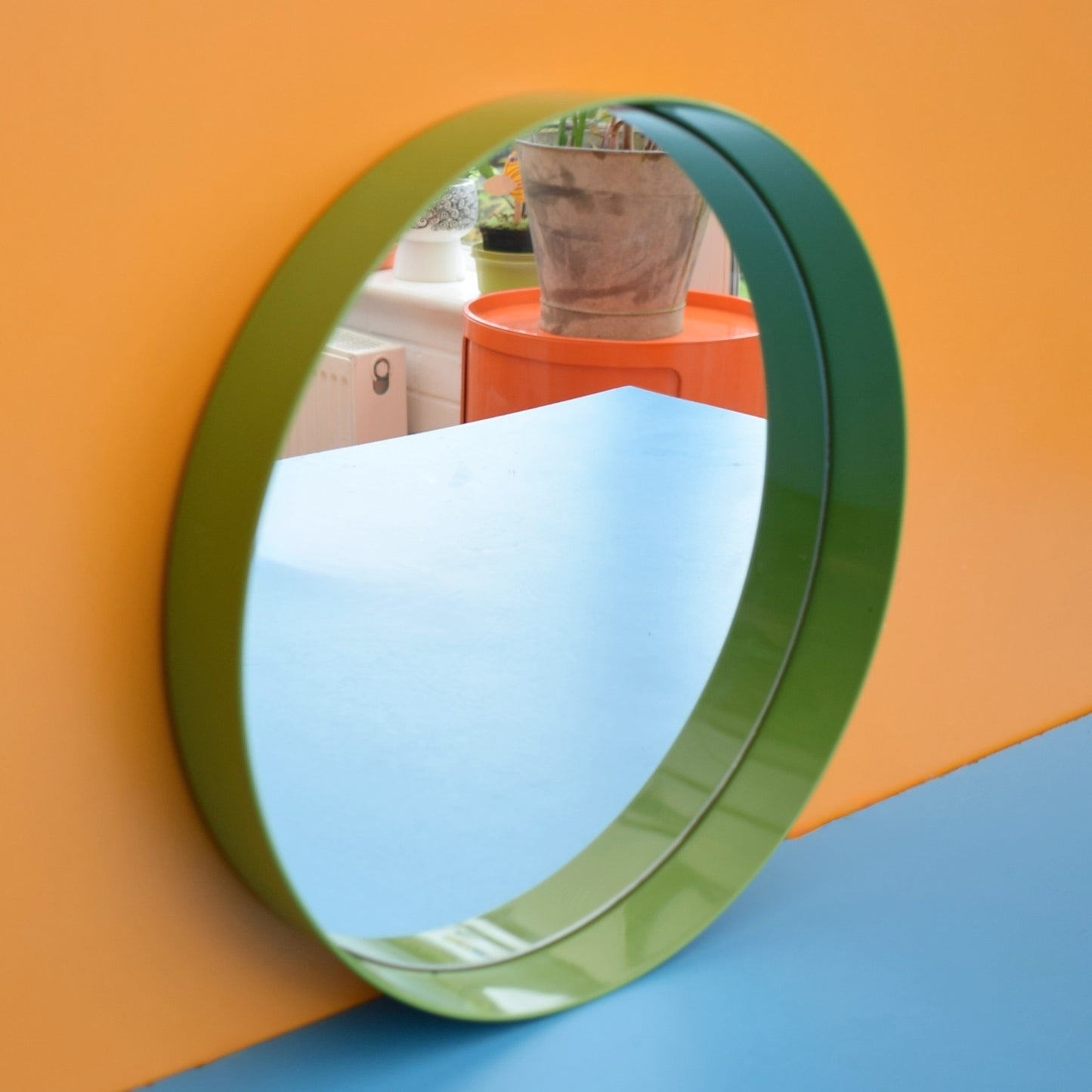 Vintage 1970s Round Plastic Mirror - Green