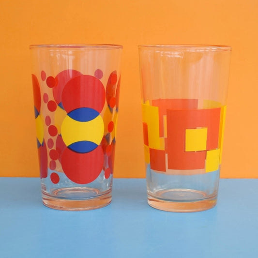 Vintage 1970s Mixed Drinking Glass Pair - Orange/ Red