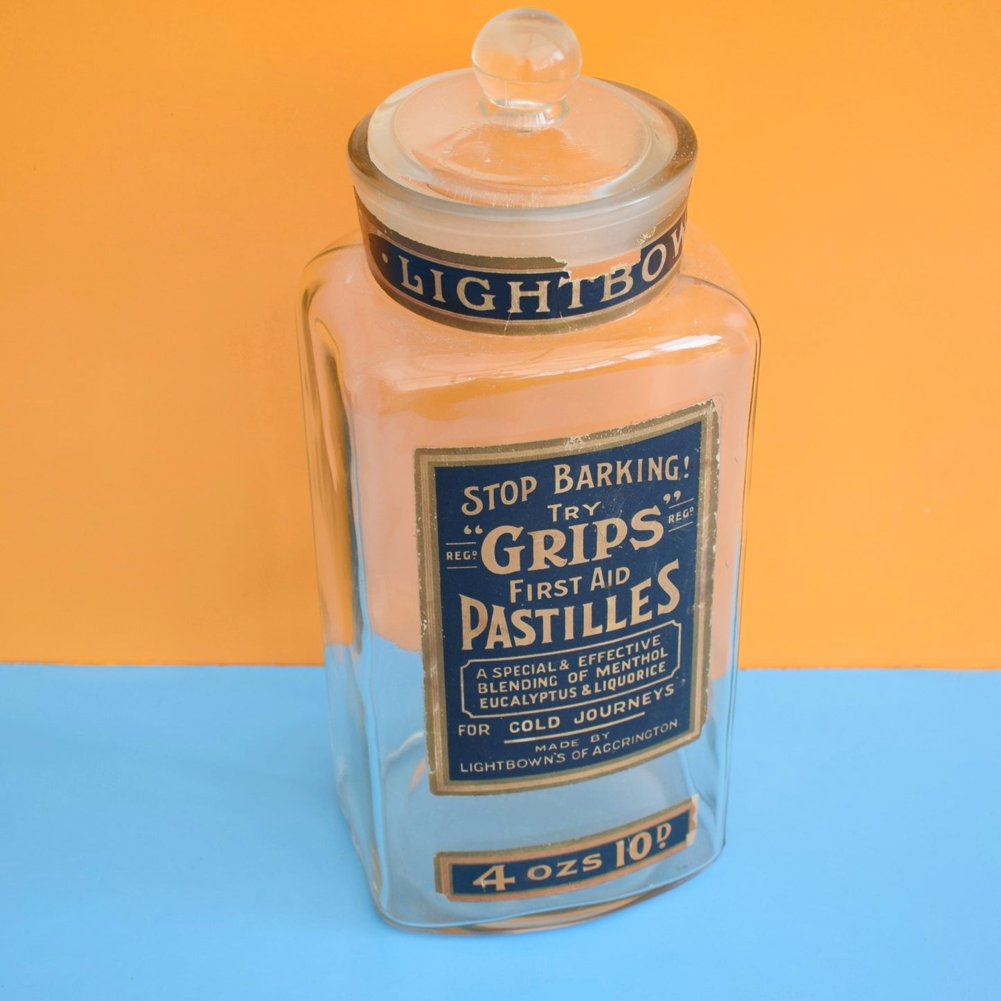 Vintage 1940s Glass Shop Jar - Grips Pastilles