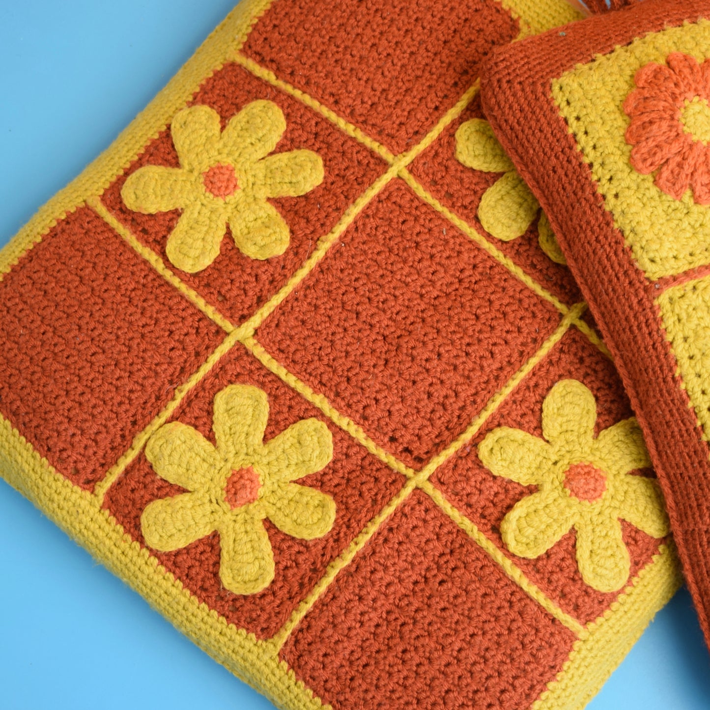 Vintage 1970s Crochet Cushions - Mustard