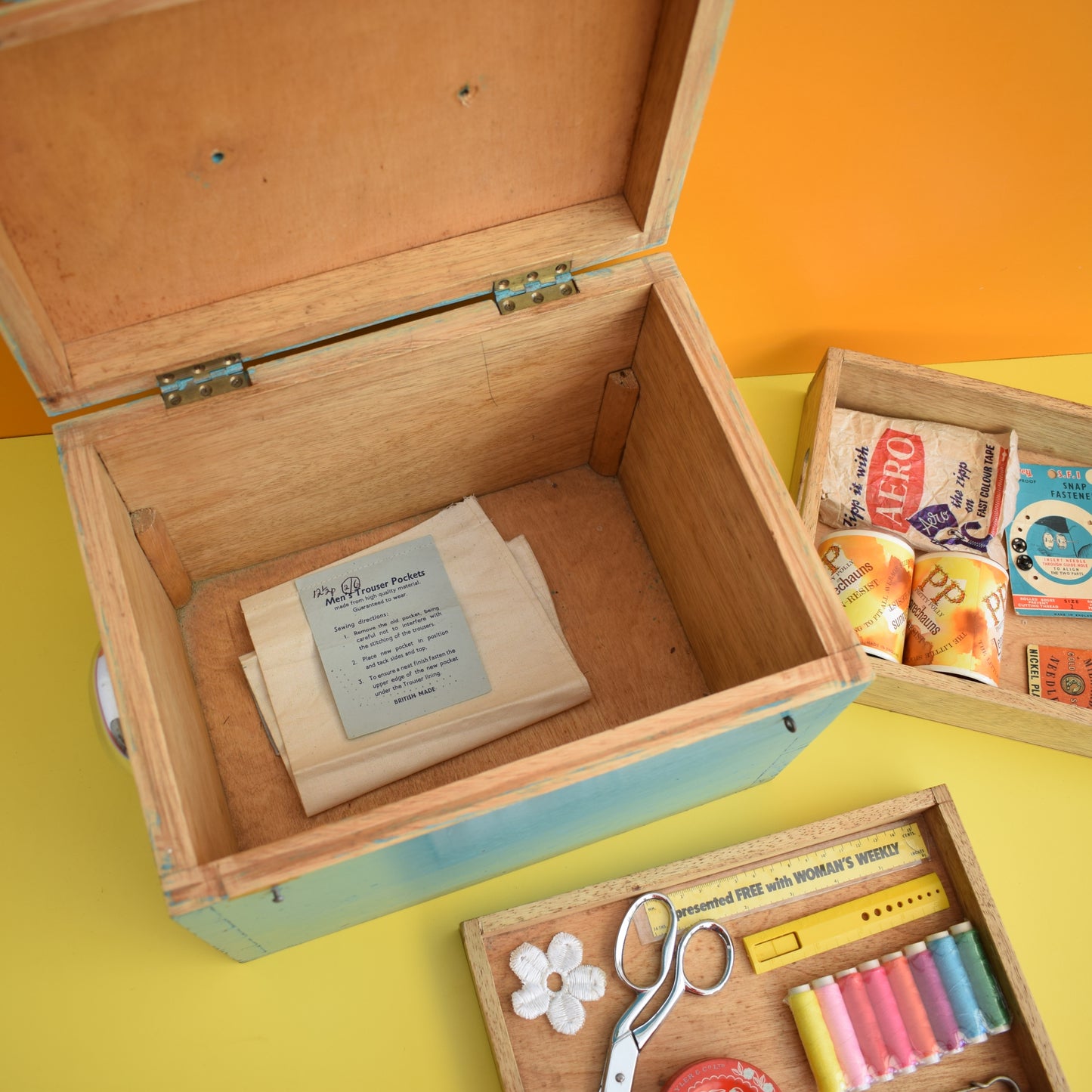 Vintage 1960s Sewing / Hobby Box - Turq Geo