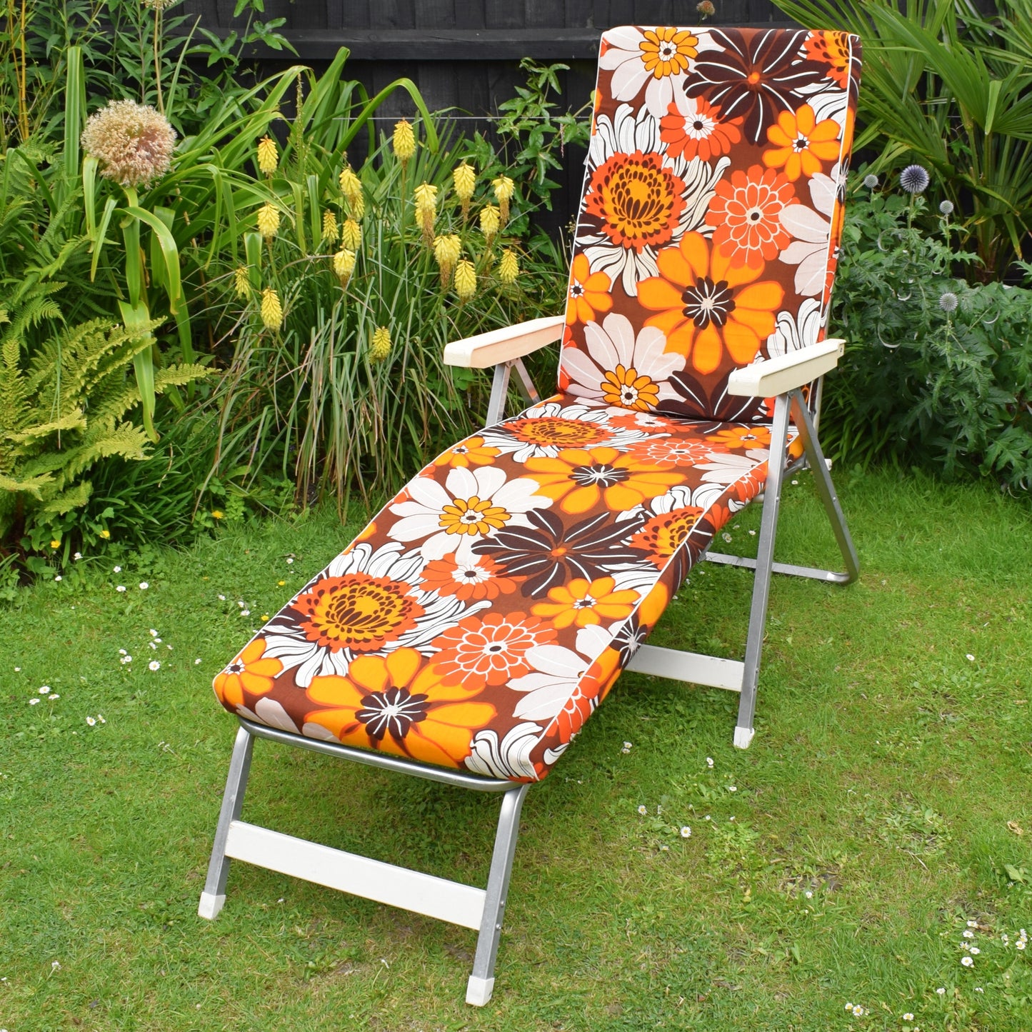 Vintage 1970s Garden Lounger - Orange Flower Power