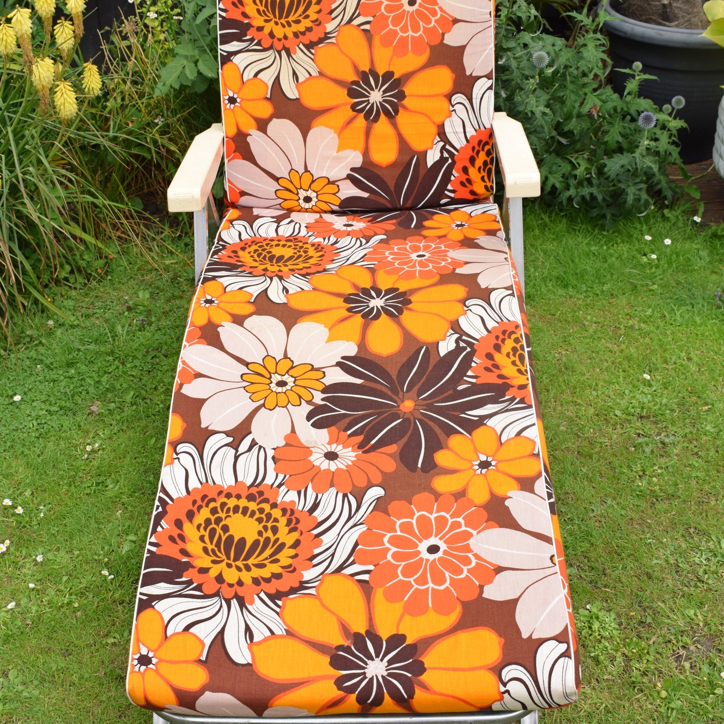 Vintage 1970s Garden Lounger - Orange Flower Power