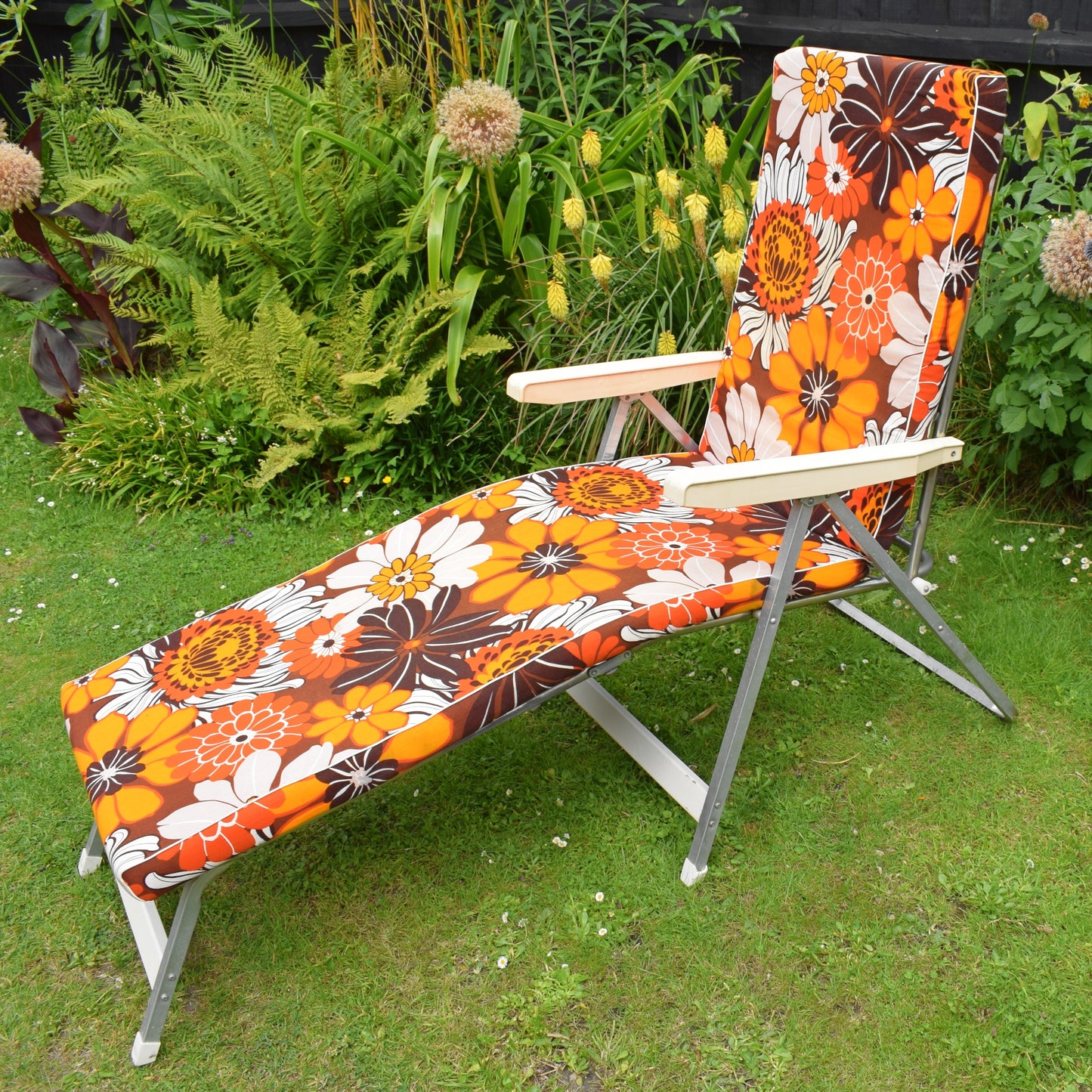 Vintage 1970s Garden Lounger - Orange Flower Power