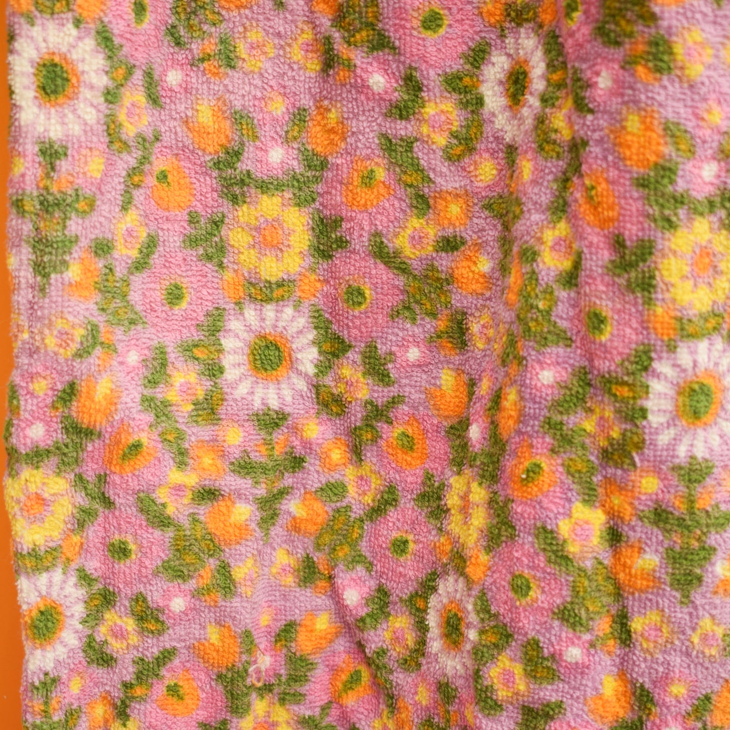 Vintage 1960s Towelling Fabric Curtains - Flowers - Pink