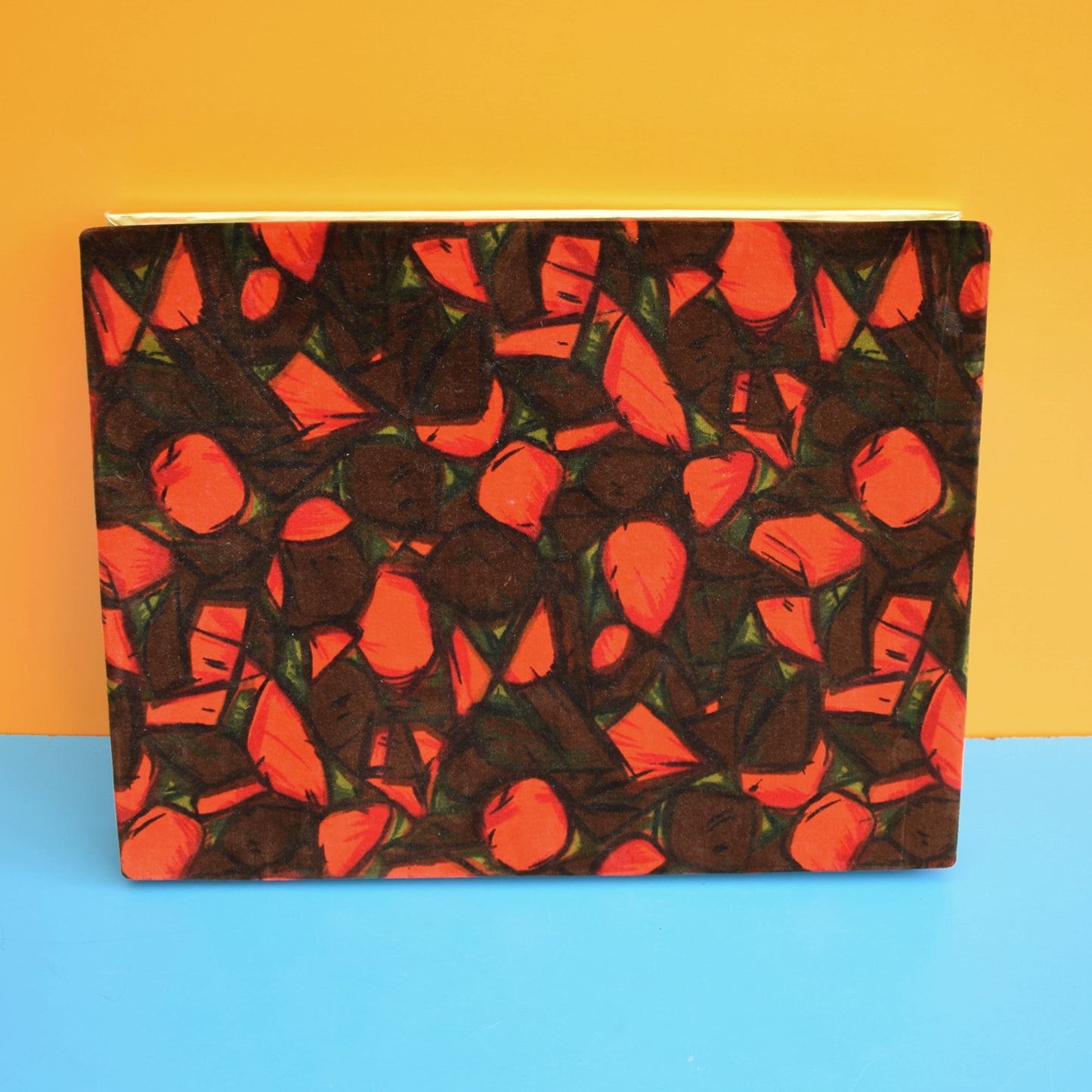 Vintage 1960s Large Chocolate Box With Velvet Top - Orange/ Red Abstract