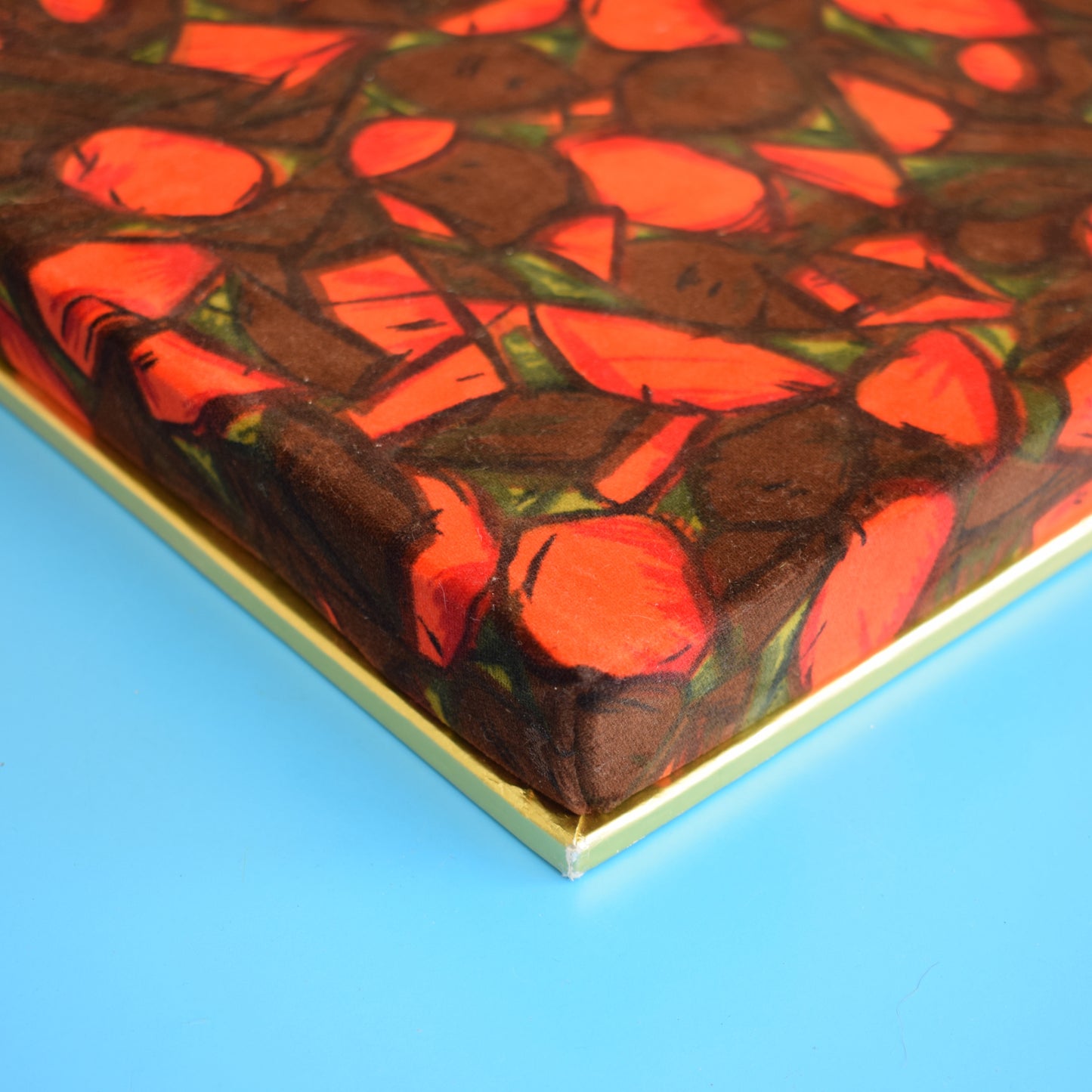 Vintage 1960s Large Chocolate Box With Velvet Top - Orange/ Red Abstract