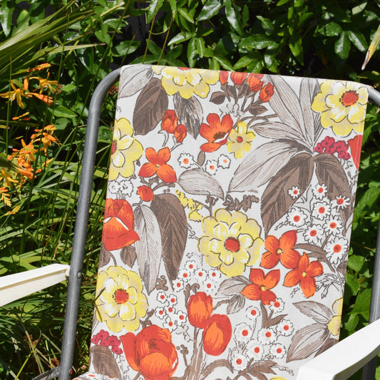 Vintage 1970s Folding Garden Chair - Flowers- Brown / Orange