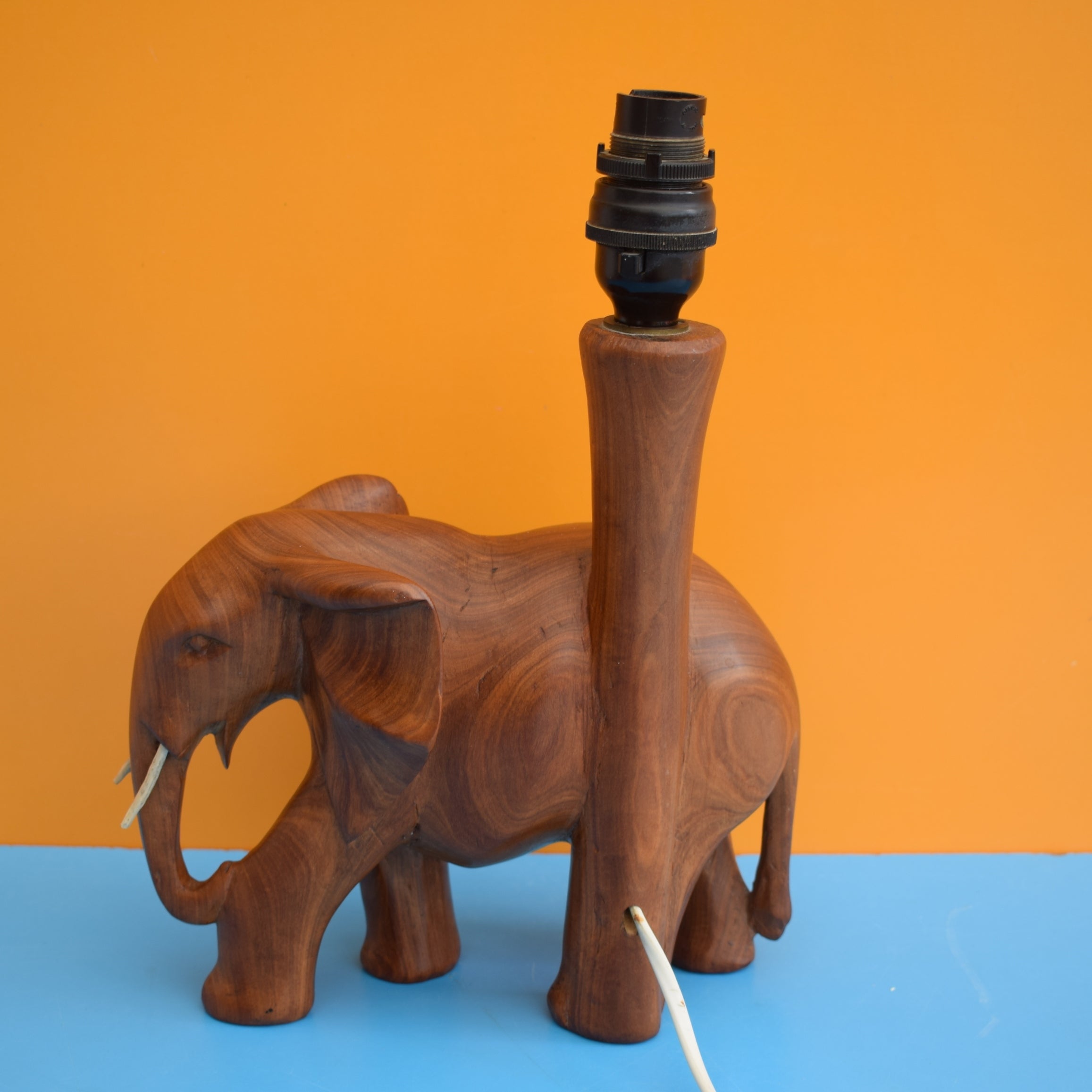 Vintage 1960s Wooden Teak Table Lamp Elephant Pineapple Retro
