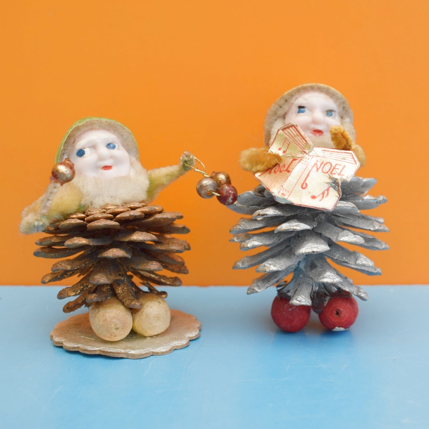 Vintage 1950s Christmas Pinecone Elf Ornaments - Spun Cotton - Japan