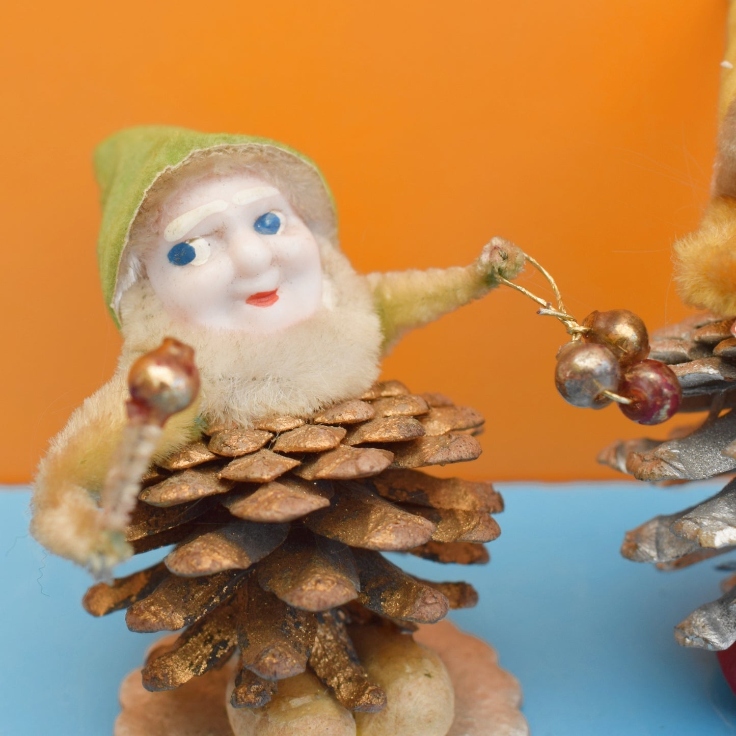 Vintage 1950s Christmas Pinecone Elf Ornaments - Spun Cotton - Japan