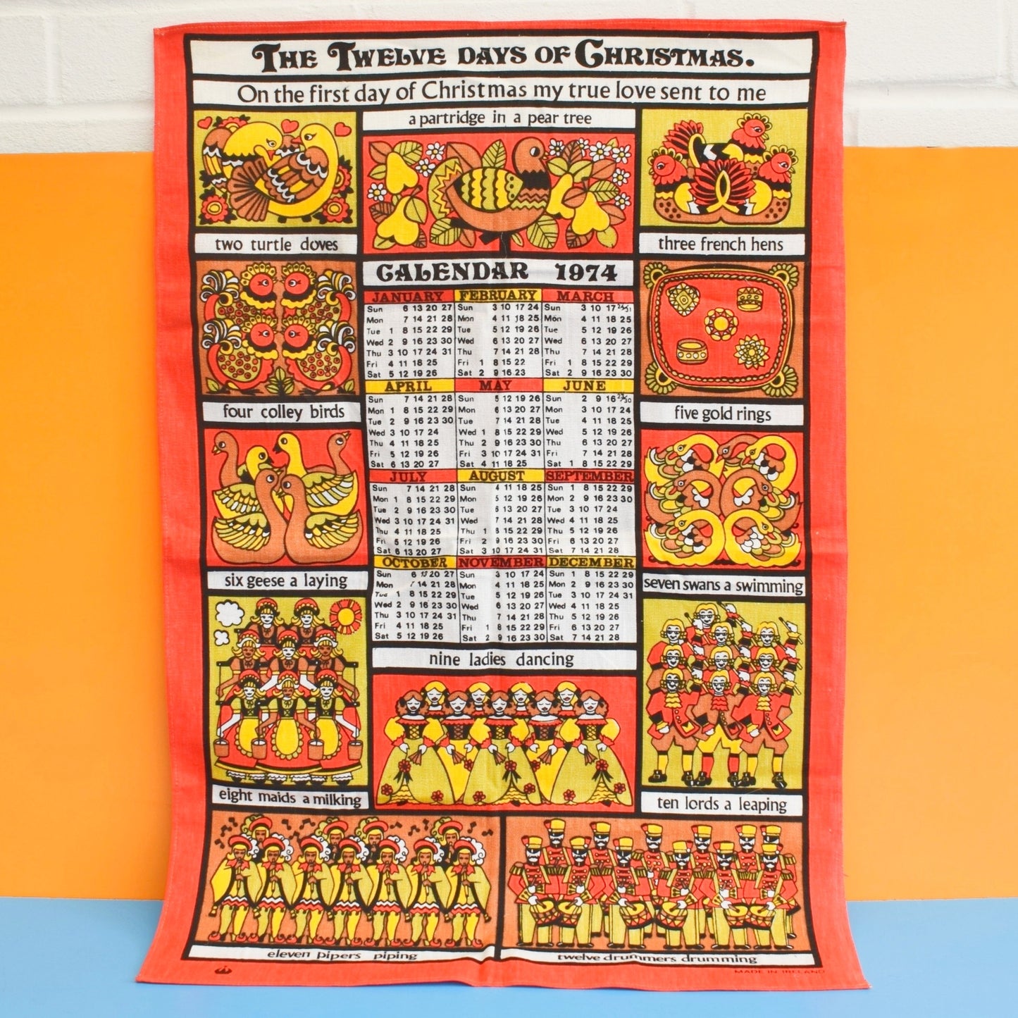 Vintage 1970s Calendar Tea Towel -  The Twelve Days Of Christmas