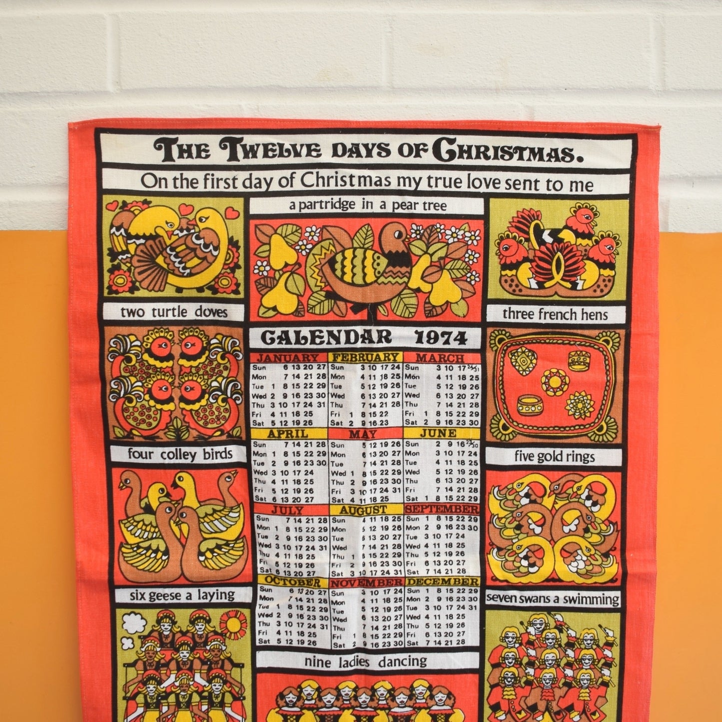 Vintage 1970s Calendar Tea Towel -  The Twelve Days Of Christmas