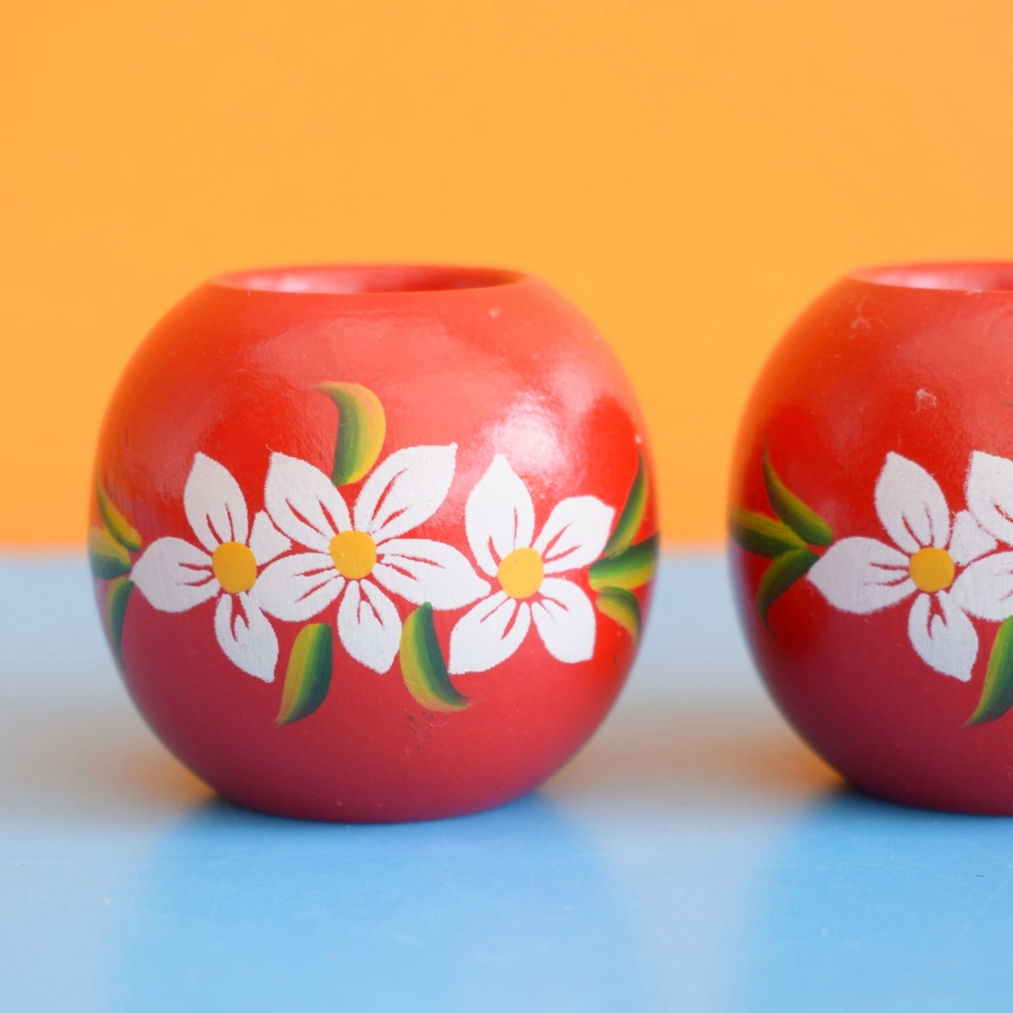 Vintage 1960s Swedish Wooden Candle Holders - Red