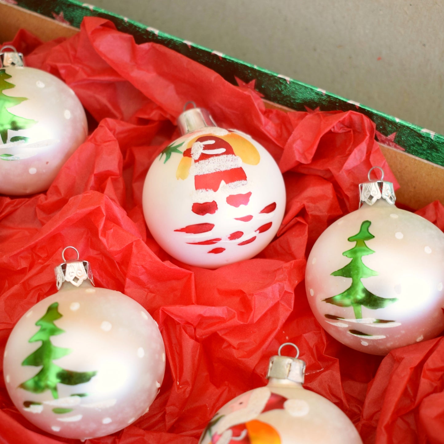 Vintage 1980s Glass Baubles - Santa / Christmas Trees