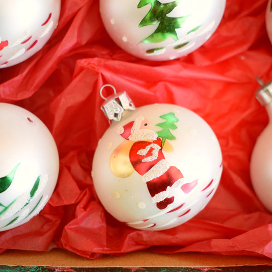 Vintage 1980s Glass Baubles - Santa / Christmas Trees