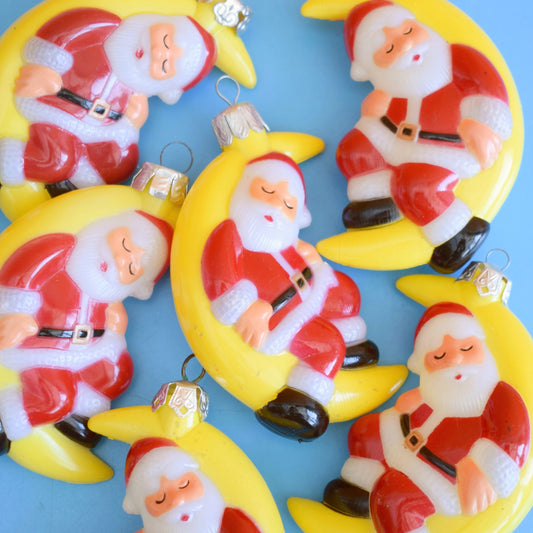 Vintage 1980s Plastic Santa & Moon Decorations x6