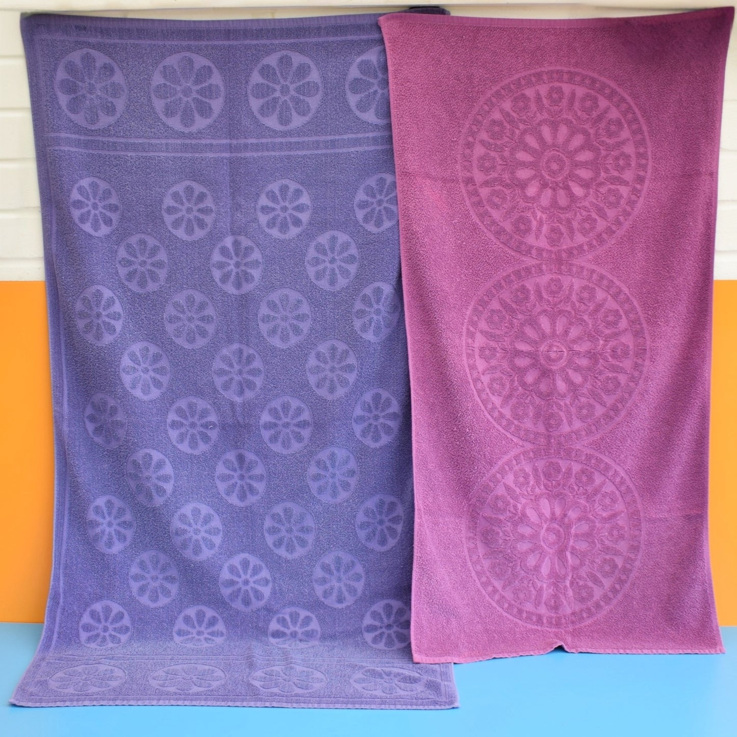 Vintage 1970s Towel - Self Coloured Designs- Purple