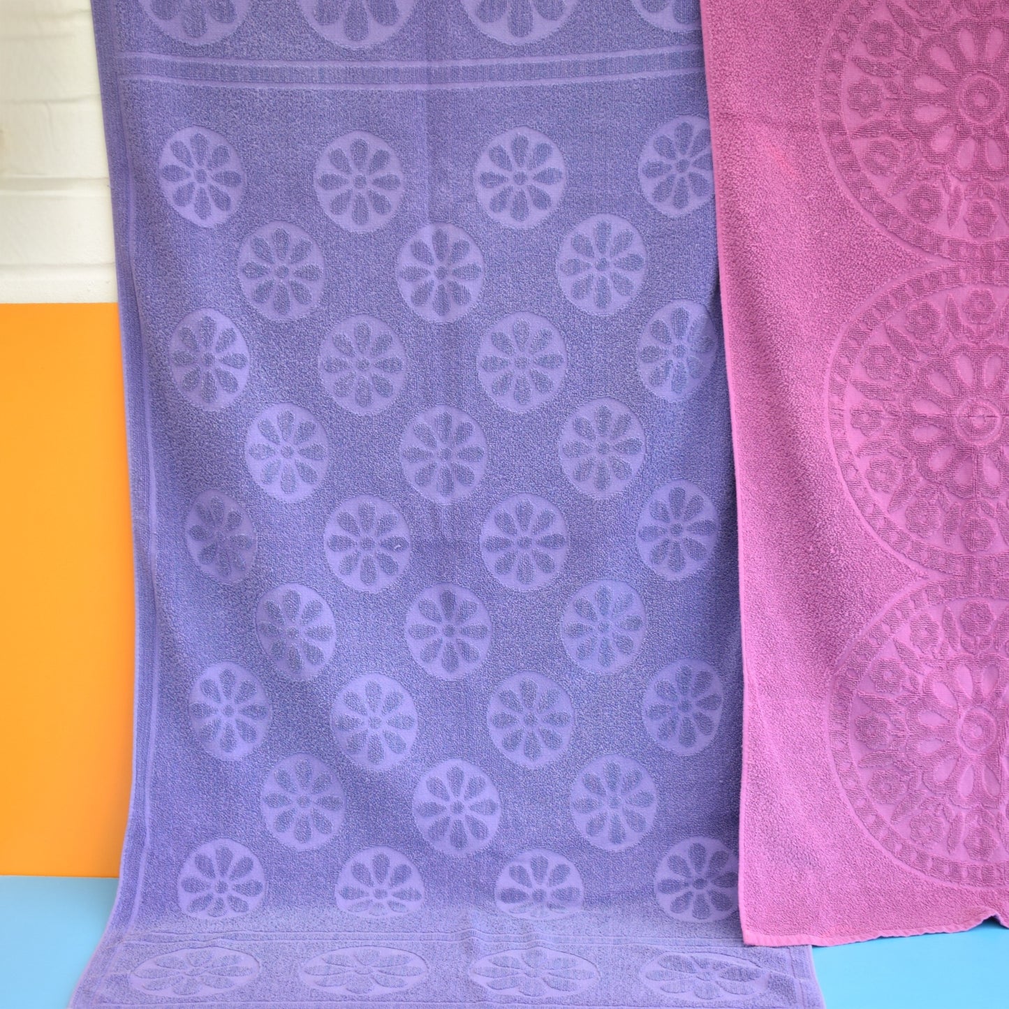 Vintage 1970s Towel - Self Coloured Designs- Purple