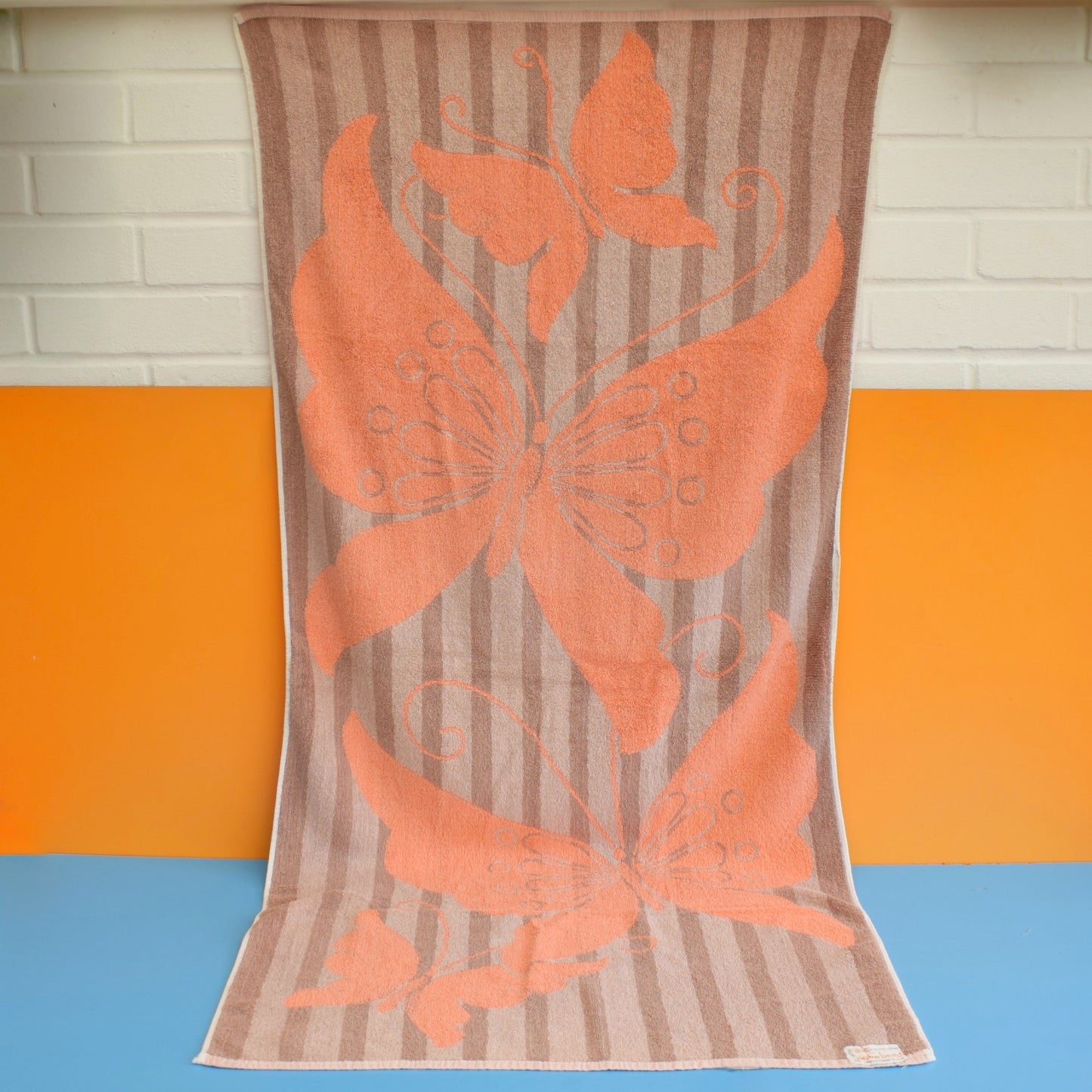 Vintage 1970s Bath Towel - Peach Butterfly Design