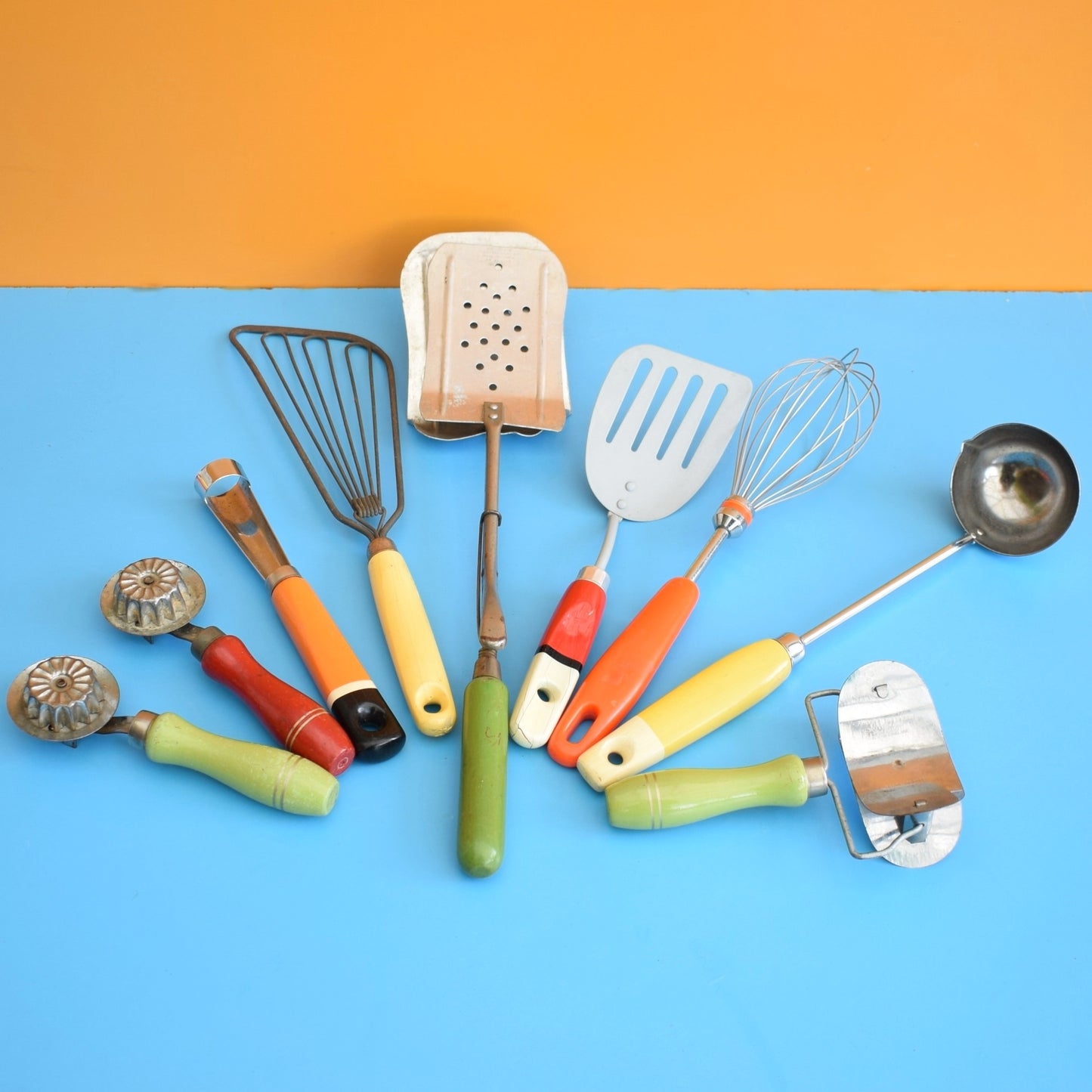 Vintage 1960s Kitchen Utensils - Red Orange, Yellow & Green