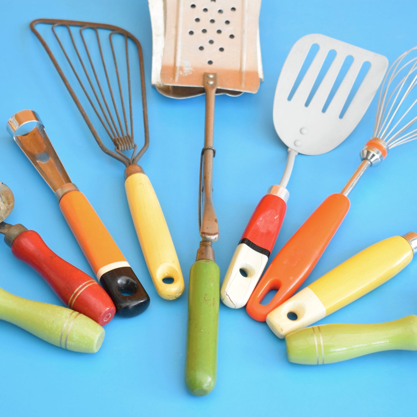 Vintage 1960s Kitchen Utensils - Red Orange, Yellow & Green