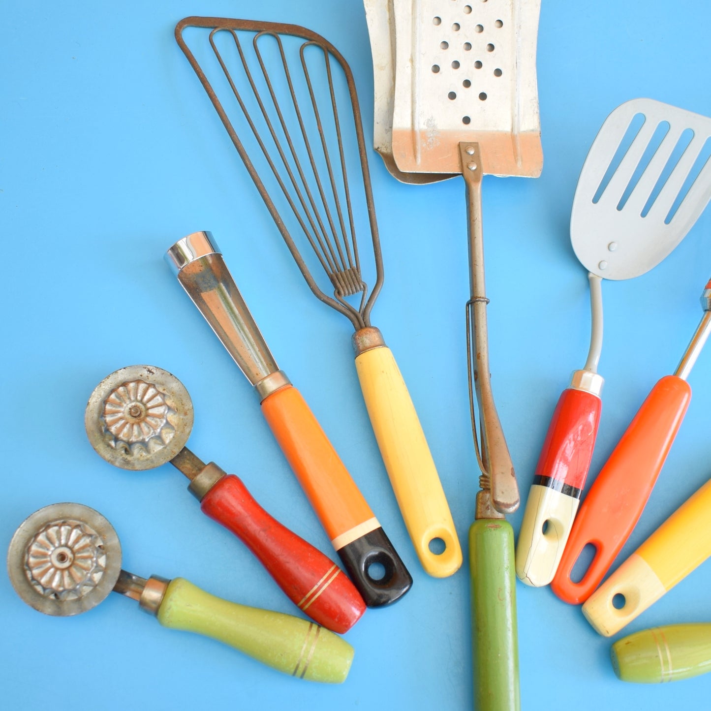 Vintage 1960s Kitchen Utensils - Red Orange, Yellow & Green