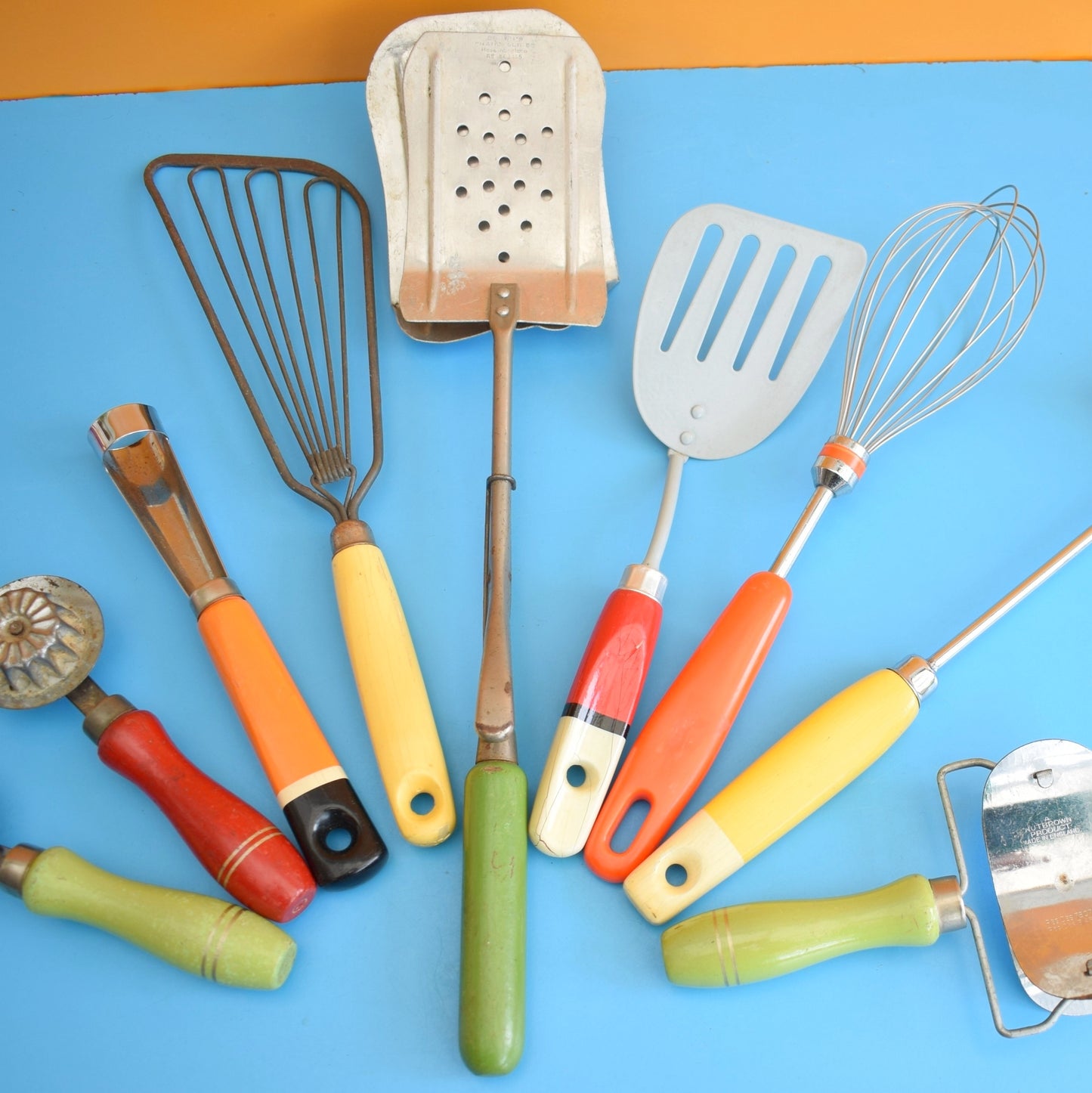 Vintage 1960s Kitchen Utensils - Red Orange, Yellow & Green