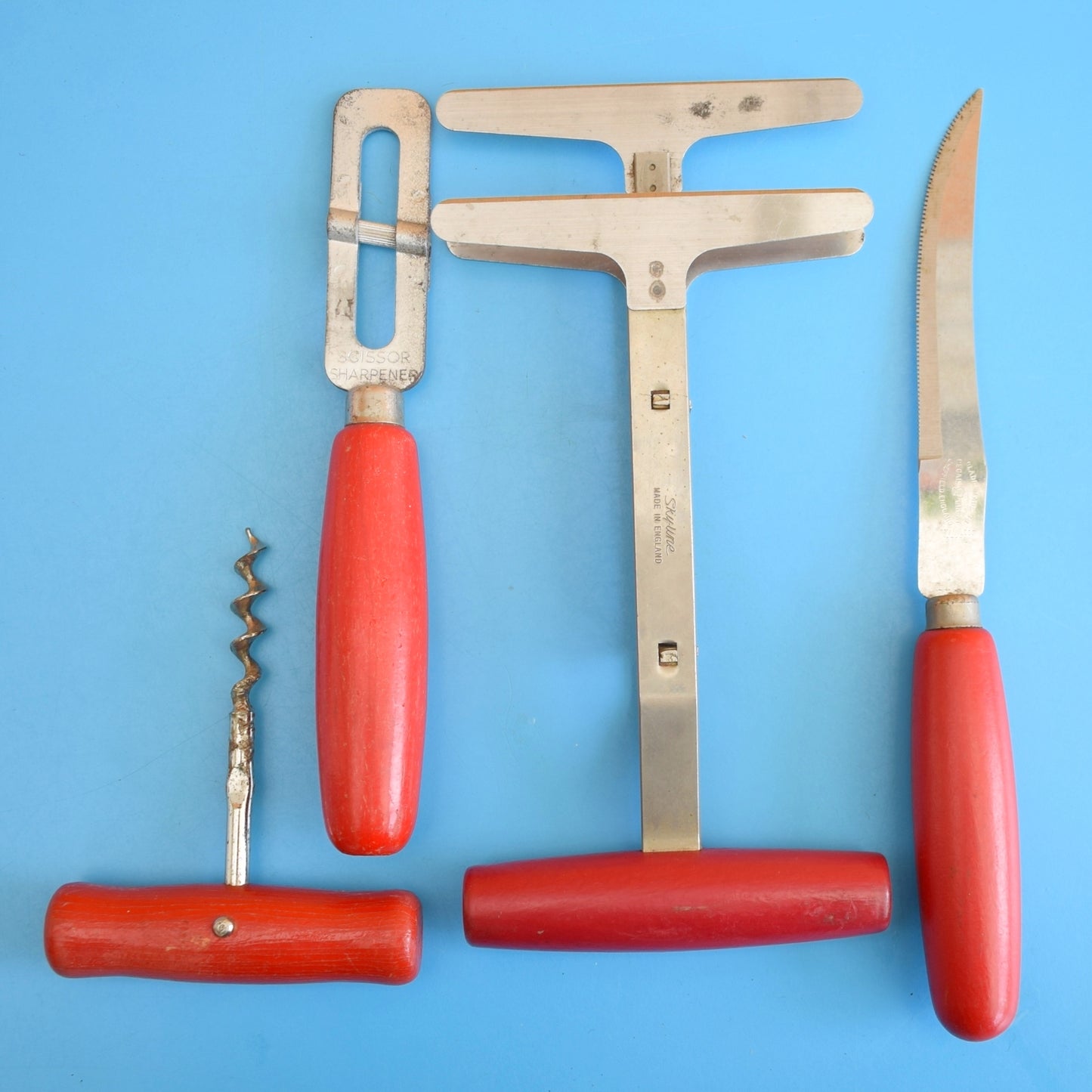 Vintage 1960s Kitchen Utensils - Wood Handles - Red